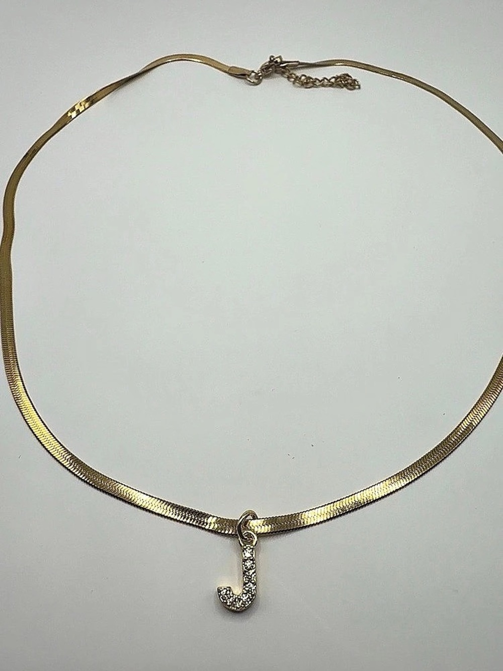 14K Gold Plated Initial "J" Herringbone Chain Necklace CZ